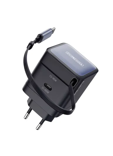 65W Travel Charger PD GaN Fast Charging Adapter With Retractable Type-C Cable, EU Plug T10 