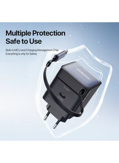 65W Travel Charger PD GaN Fast Charging Adapter With Retractable Type-C Cable, EU Plug T10 