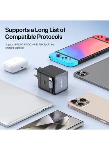 65W Travel Charger PD GaN Fast Charging Adapter With Retractable Type-C Cable, EU Plug T10 