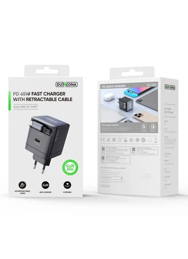 65W Travel Charger PD GaN Fast Charging Adapter With Retractable Type-C Cable, EU Plug T10 