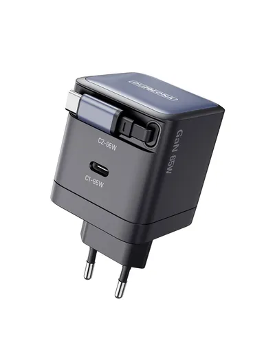 65W Travel Charger PD GaN Fast Charging Adapter With Retractable Type-C Cable, EU Plug T10 