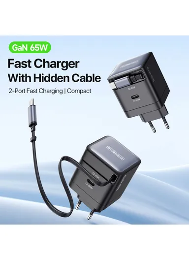 65W Travel Charger PD GaN Fast Charging Adapter With Retractable Type-C Cable, EU Plug T10 