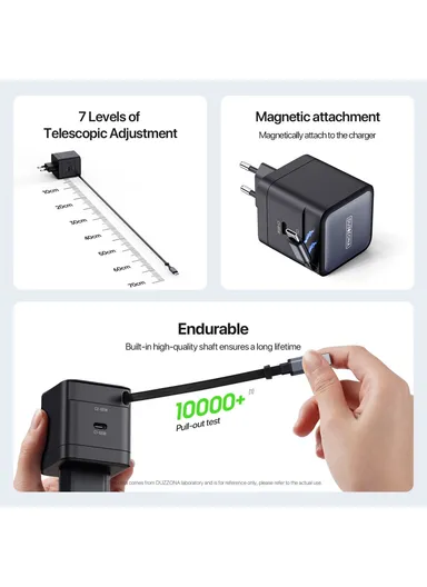 65W Travel Charger PD GaN Fast Charging Adapter With Retractable Type-C Cable, EU Plug T10 