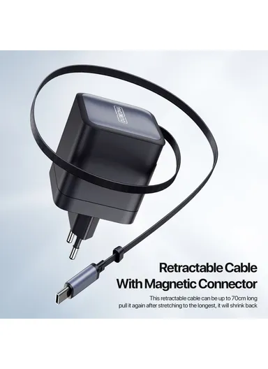 65W Travel Charger PD GaN Fast Charging Adapter With Retractable Type-C Cable, EU Plug T10 