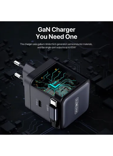 65W Travel Charger PD GaN Fast Charging Adapter With Retractable Type-C Cable, EU Plug T10 