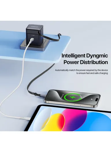 65W Travel Charger PD GaN Fast Charging Adapter With Retractable Type-C Cable, EU Plug T10 