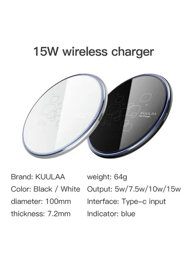 15W Qi Wireless Charger Fast Charging Pad Ultra Thin Charging Station for iPhone 12 11 Samsung Galaxy S10 Plus  KL-CD14 - Black