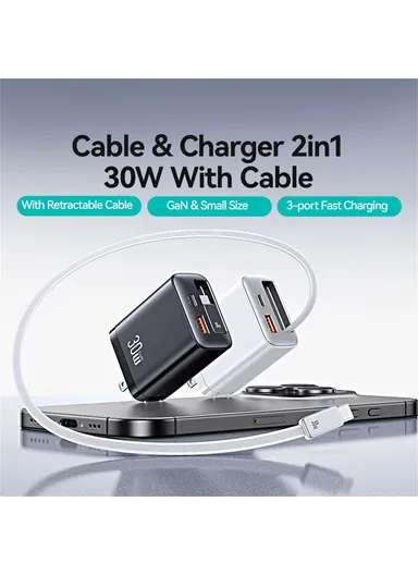  CC297 Xiang Series US Plug 30W Fast Charger Adapter with Retractable Type C Cable - White