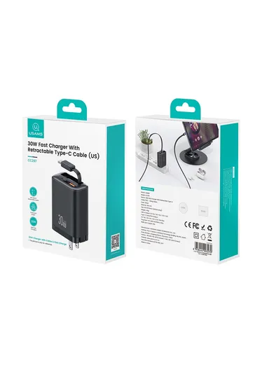  CC297 Xiang Series US Plug 30W Fast Charger Adapter with Retractable Type C Cable - White