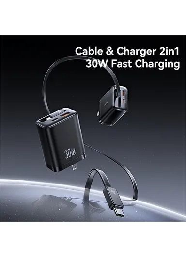  CC297 Xiang Series US Plug 30W Fast Charger Adapter with Retractable Type C Cable - White