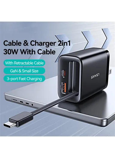  CC297 Xiang Series US Plug 30W Fast Charger Adapter with Retractable Type C Cable - White