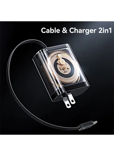  CC297 Xiang Series US Plug 30W Fast Charger Adapter with Retractable Type C Cable - White