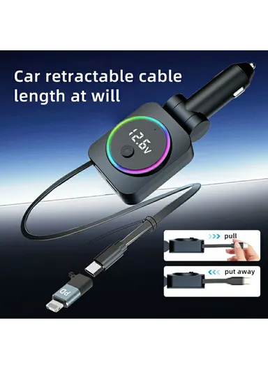 Multi-Use Automotive Cigarette Car Charger USB with Built-in Retractable Type-C Cable, 30W Fast Charging Cigarette Lighter Charging Adapter K38 (L16 x W5.1)cm