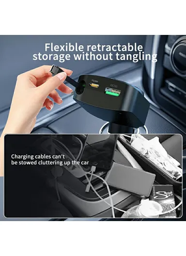 Multi-Use Automotive Cigarette Car Charger USB with Built-in Retractable Type-C Cable, 30W Fast Charging Cigarette Lighter Charging Adapter K38 (L16 x W5.1)cm