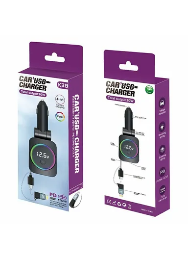 Multi-Use Automotive Cigarette Car Charger USB with Built-in Retractable Type-C Cable, 30W Fast Charging Cigarette Lighter Charging Adapter K38 (L16 x W5.1)cm