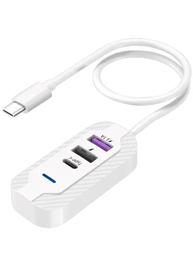 Multi-Port 1 USB-C &amp; 2 USB-A Charging Dongle, Multi-Use Fast Charging Adapter with 1m Extension Cable Y4 - White