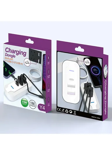 Multi-Port 1 USB-C &amp; 2 USB-A Charging Dongle, Multi-Use Fast Charging Adapter with 1m Extension Cable Y4 - White