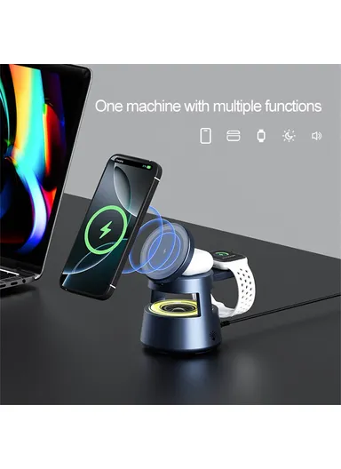 5-in-1 Magnetic Wireless Charger, Phone Watch Earphone Wireless Charger with Bluetooth-compatible Speaker Night Light OJD-132A (D8 x H10.5)cm 