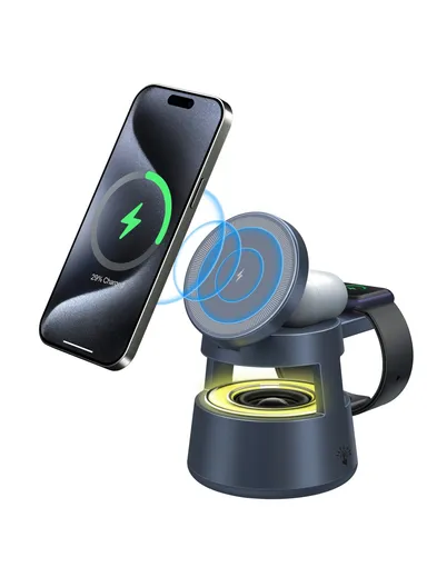 5-in-1 Magnetic Wireless Charger, Phone Watch Earphone Wireless Charger with Bluetooth-compatible Speaker Night Light OJD-132A (D8 x H10.5)cm 