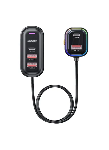 30W Multi-Port Fast Charging Car Charger with Rear Seat Charging Ports &amp; RGB Ambient Light XDCH-107