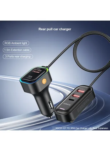 30W Multi-Port Fast Charging Car Charger with Rear Seat Charging Ports &amp; RGB Ambient Light XDCH-107