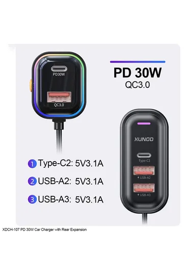 30W Multi-Port Fast Charging Car Charger with Rear Seat Charging Ports &amp; RGB Ambient Light XDCH-107