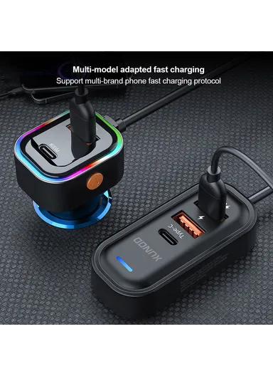 30W Multi-Port Fast Charging Car Charger with Rear Seat Charging Ports &amp; RGB Ambient Light XDCH-107