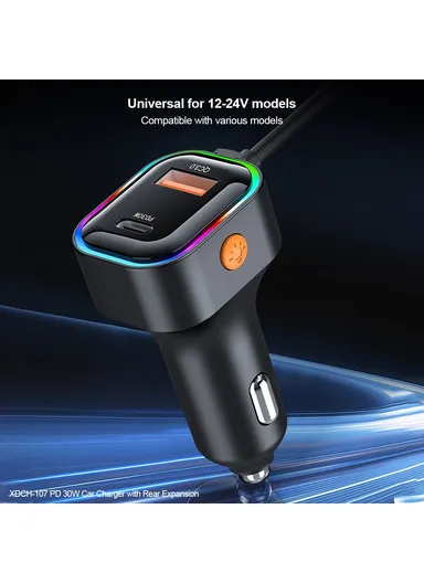 30W Multi-Port Fast Charging Car Charger with Rear Seat Charging Ports &amp; RGB Ambient Light XDCH-107
