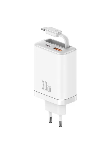 30W Fast Charger Wall Adapter with Built-in Type-C Retractable Cable CC296 - White
