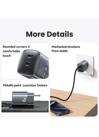 45W Multi-Use Phone Laptop GaN Fast Charger Dual USB-C Power Wall &amp; Desk Adapter Charger CC305 - EU Plug