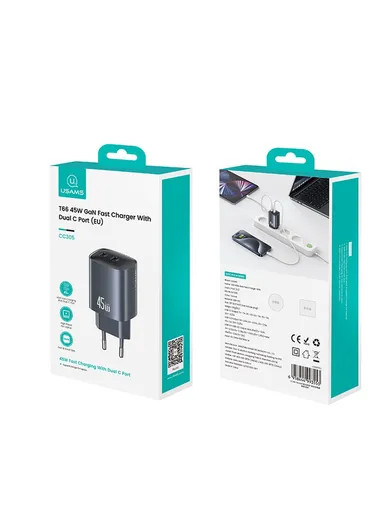 45W Multi-Use Phone Laptop GaN Fast Charger Dual USB-C Power Wall &amp; Desk Adapter Charger CC305 - EU Plug