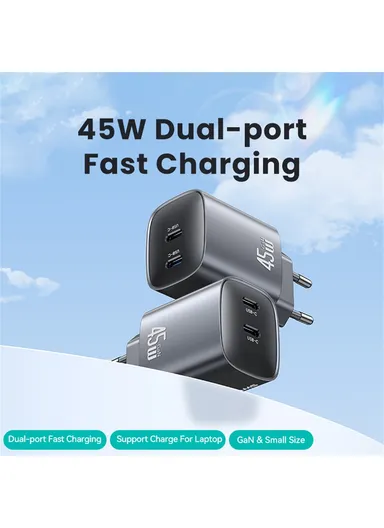45W Multi-Use Phone Laptop GaN Fast Charger Dual USB-C Power Wall &amp; Desk Adapter Charger CC305 - EU Plug