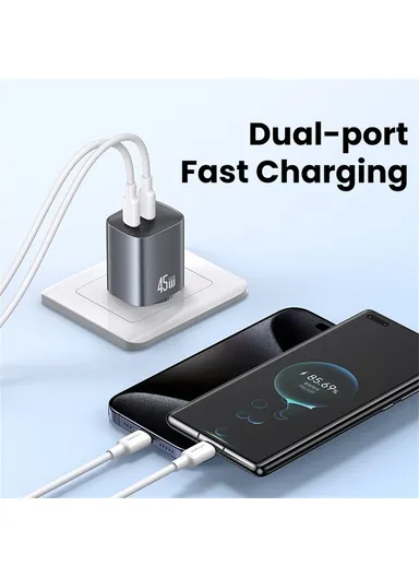 45W Multi-Use Phone Laptop GaN Fast Charger Dual USB-C Power Wall &amp; Desk Adapter Charger CC305 - EU Plug