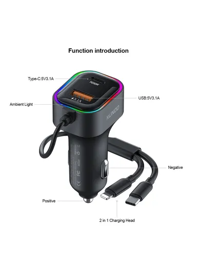 22.5W Multi-Port Fast Charging Car Charger, Dual Lightning &amp; Type-C Cable Car Charger XDCH-106