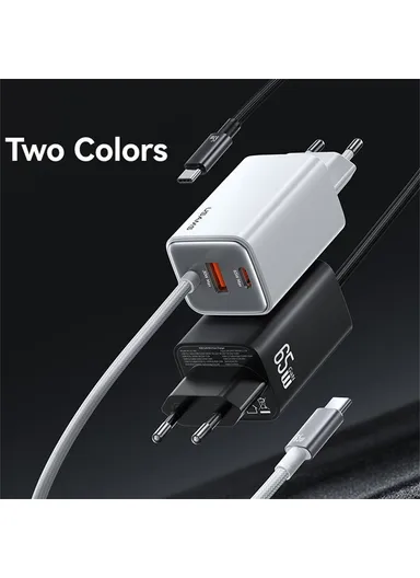 65W Wall Charger Fast Charging 3 Ports GaN Power Adapter with Built-in Cable, EU Plug CC266  - White