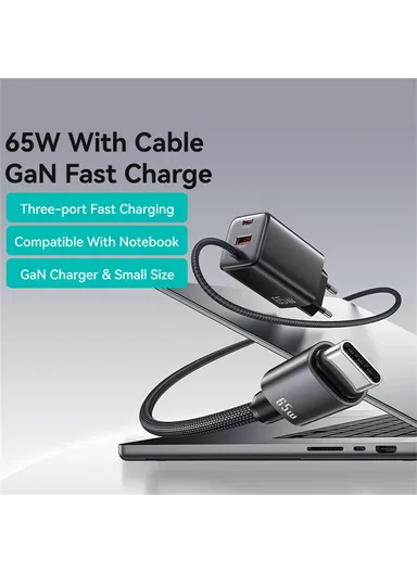 65W Wall Charger Fast Charging 3 Ports GaN Power Adapter with Built-in Cable, EU Plug CC266  - White