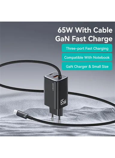 65W Wall Charger Fast Charging 3 Ports GaN Power Adapter with Built-in Cable, EU Plug CC266  - White