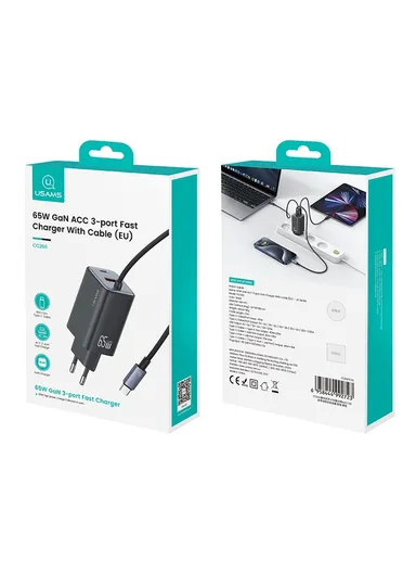 65W Wall Charger Fast Charging 3 Ports GaN Power Adapter with Built-in Cable, EU Plug CC266  - White