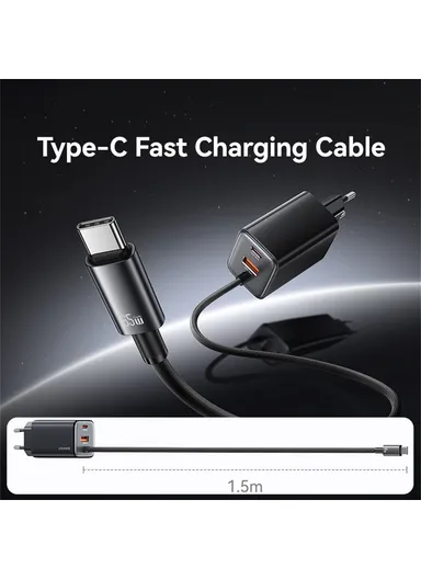 65W Wall Charger Fast Charging 3 Ports GaN Power Adapter with Built-in Cable, EU Plug CC266  - White