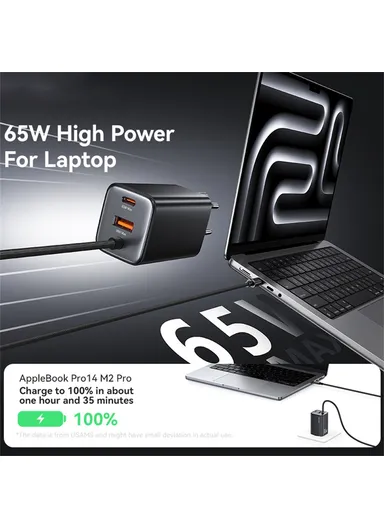 65W Wall Charger Fast Charging 3 Ports GaN Power Adapter with Built-in Cable, EU Plug CC266  - White