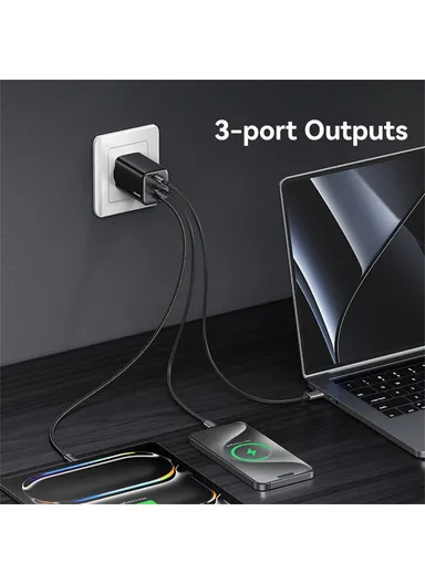 65W Wall Charger Fast Charging 3 Ports GaN Power Adapter with Built-in Cable, EU Plug CC266  - White