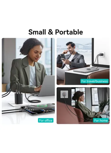 65W Wall Charger Fast Charging 3 Ports GaN Power Adapter with Built-in Cable, EU Plug CC266  - White