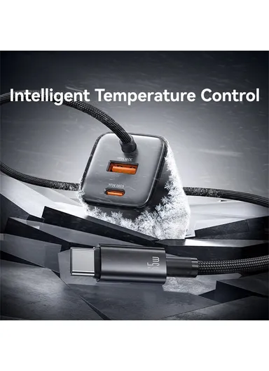 65W Wall Charger Fast Charging 3 Ports GaN Power Adapter with Built-in Cable, EU Plug CC266  - White