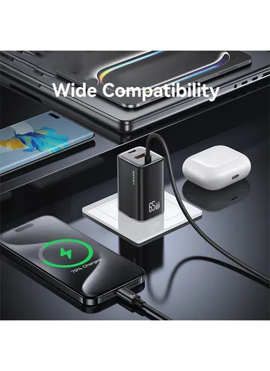 65W Wall Charger Fast Charging 3 Ports GaN Power Adapter with Built-in Cable, EU Plug CC266  - White