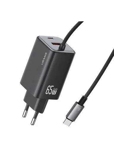 65W Wall Charger Fast Charging 3 Ports GaN Power Adapter with Built-in Cable, EU Plug CC266  - Black