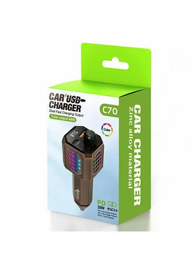 PD30W Car Charger Adapter Zinc Alloy Fast Charging Cigarette Lighter C70 (L3 x W3 x H9)cm