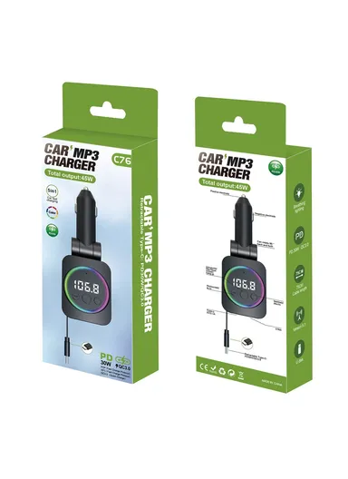 PD 30W Cigarette Lighter Adapter Car Charger with Retractable, Bluetooth-compatible FM Transmitter Car Charger C76 (L5.1 x H16)cm