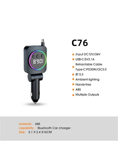 PD 30W Cigarette Lighter Adapter Car Charger with Retractable, Bluetooth-compatible FM Transmitter Car Charger C76 (L5.1 x H16)cm