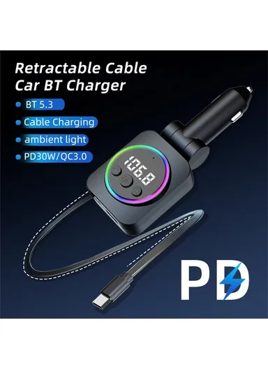 PD 30W Cigarette Lighter Adapter Car Charger with Retractable, Bluetooth-compatible FM Transmitter Car Charger C76 (L5.1 x H16)cm