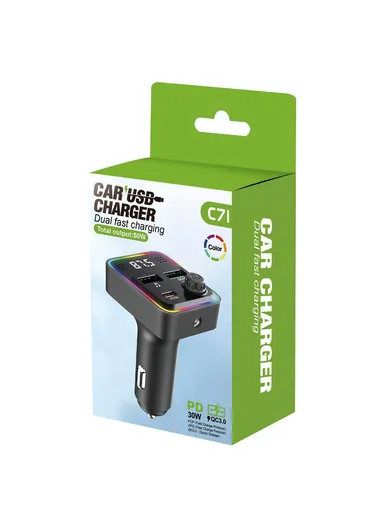 3-in-1 Bluetooth-compatible Car Charger PD 30W Cigarette Lighter Charger Adapter with FM Transmitter C71 (L4.3 x H7.4)cm
